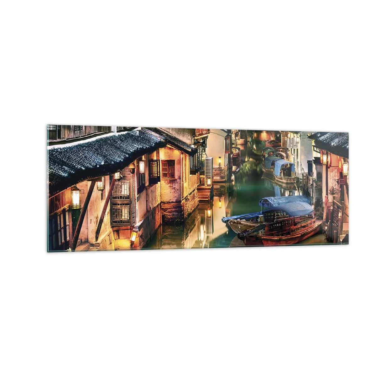 Schilderen op glas - Een avond op een Chinese straat - 140x50 cm