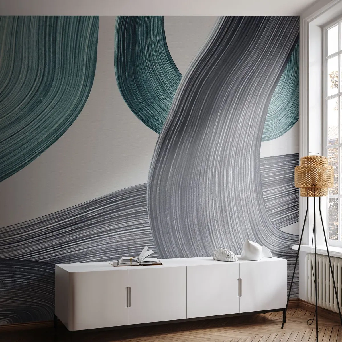 Fotobehang Premium Sand - Smaragdgroene en zwarte paden - Verf, Borstel, Minimalisme - 450x315 cm