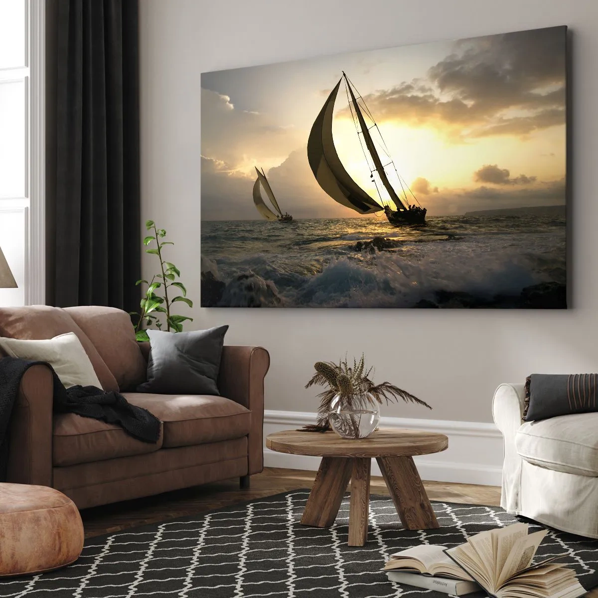 Schilderen op canvas - Zeilboten op zee tijdens zonsondergang - 70x50cm - Met de wind en tegen de wind - Moderne wanddecoratie voor woonkamer en slaapkamer ARTTOR