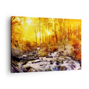 Schilderen op canvas - Herfstbos met een beekje tussen gouden bladeren - 70x50cm - Stenen gezet in goud en platina - Moderne wanddecoratie voor woonkamer en slaapkamer ARTTOR