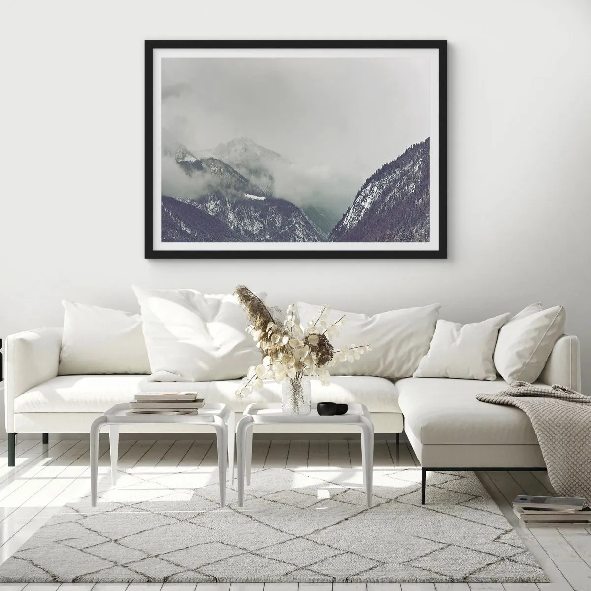 Poster in een zwarte lijst - Mistige vallei - 40x30 cm