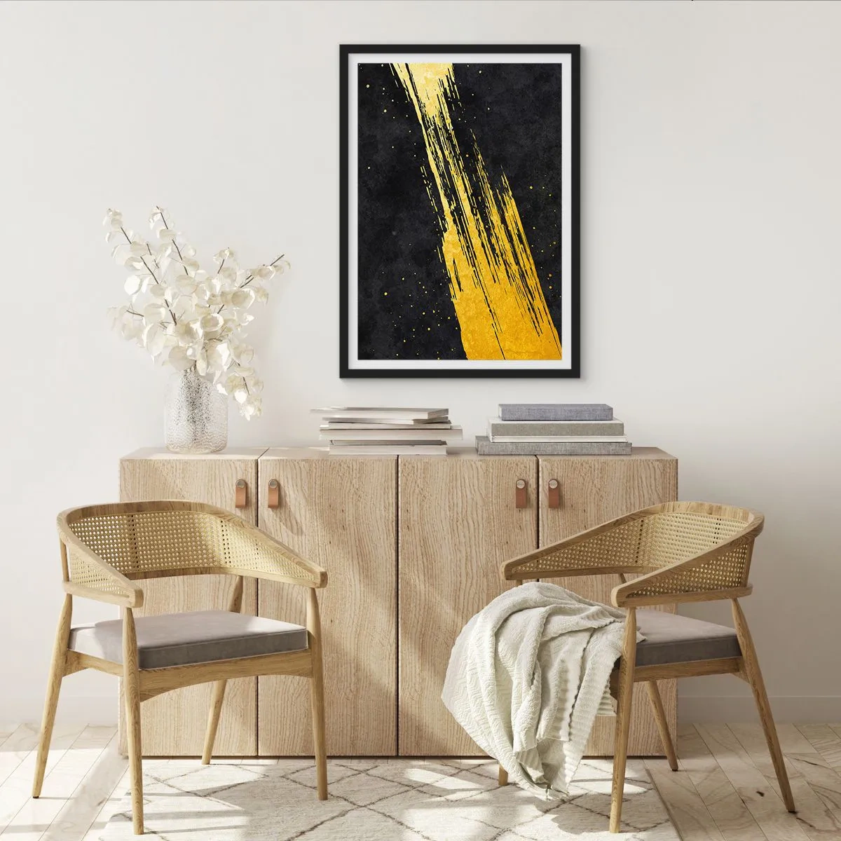 Poster in een zwarte lijst - Gouden penseelstreken op een zwarte achtergrond - 50x70cm - Spring in hyperruimte - Moderne wanddecoratie voor woonkamer en slaapkamer ARTTOR