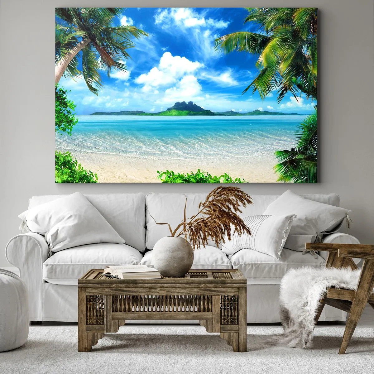 Schilderen op canvas - Tropisch strand met palmbomen en uitzicht op het eiland - 70x50cm - Het azuur van de tropen - Moderne wanddecoratie voor woonkamer en slaapkamer ARTTOR