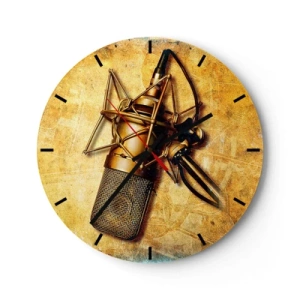 Wandklok - Klok - Een studiomicrofoonmotief op een goudkleurige achtergrond - 30x30cm - De gouden jaren van radio - Moderne wanddecoratie voor woonkamer, keuken en slaapkamer ARTTOR