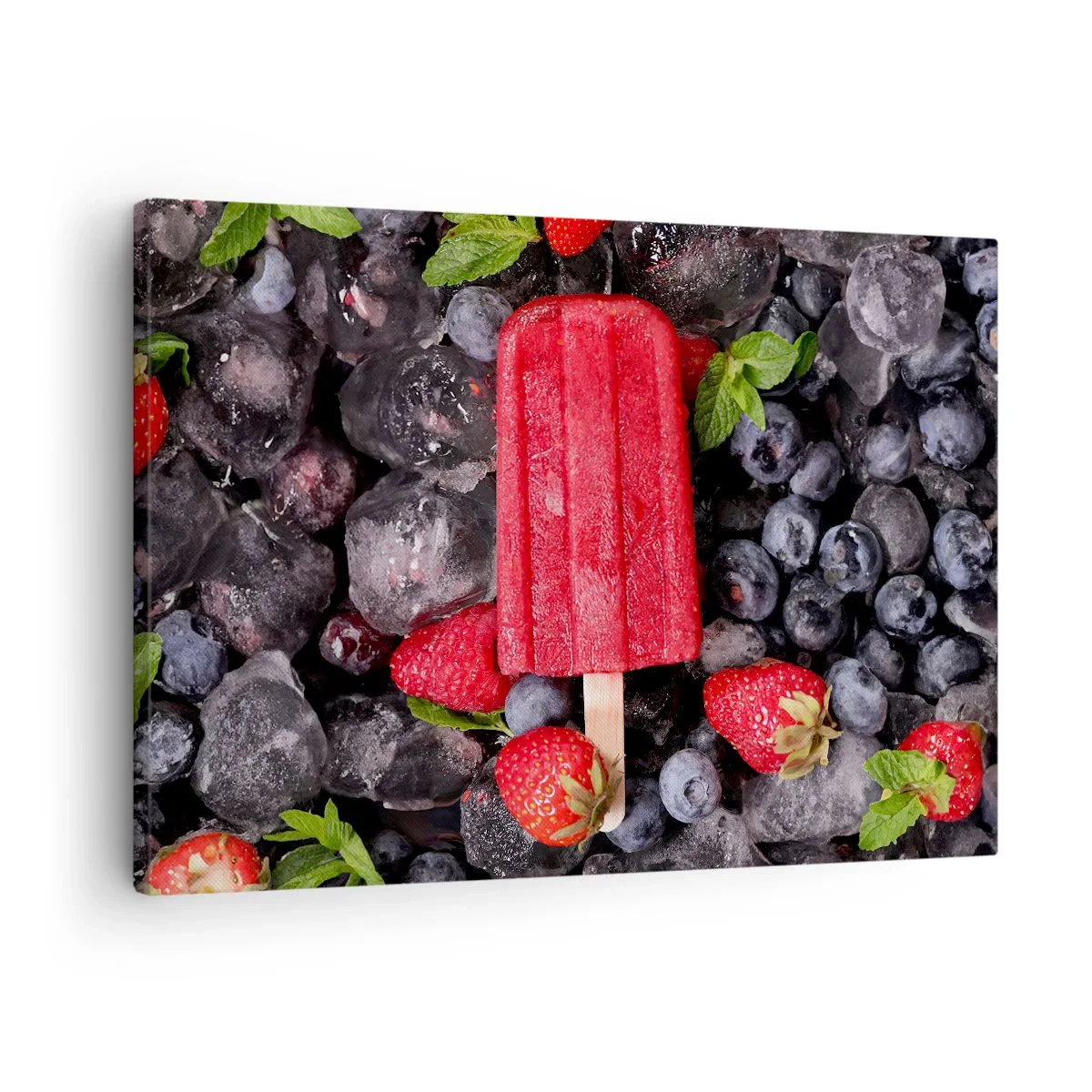 Schilderen op canvas - Rode ijslolly omringd door fruit en ijs - 70x50cm - De smaak van hete zomer - Moderne wanddecoratie voor woonkamer en slaapkamer ARTTOR