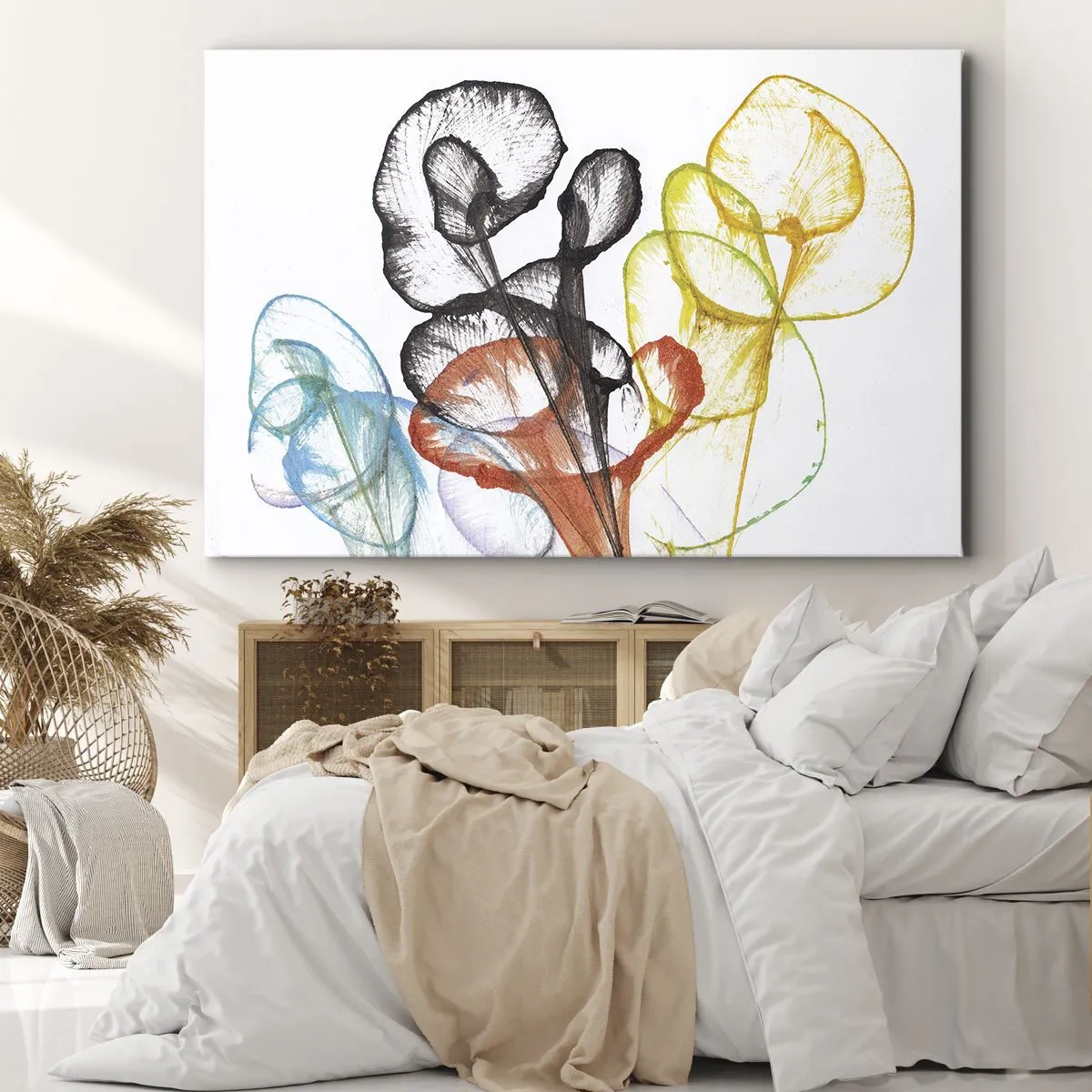 Schilderen op canvas - Kleurrijke transparante bloemen op een witte achtergrond - 70x50cm - Bloemen met een ziel - Moderne wanddecoratie voor woonkamer en slaapkamer ARTTOR