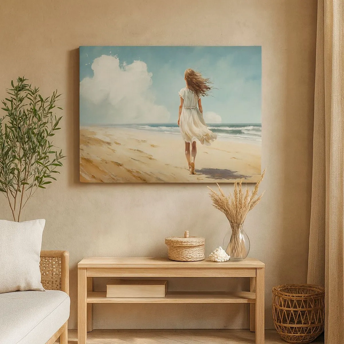 Schilderen op canvas - Een vrouw in een witte jurk die op een zonnige dag over het strand loopt - 70x50cm - Om de zon en de wind te ontmoeten - Moderne wanddecoratie voor woonkamer en slaapkamer ARTTOR