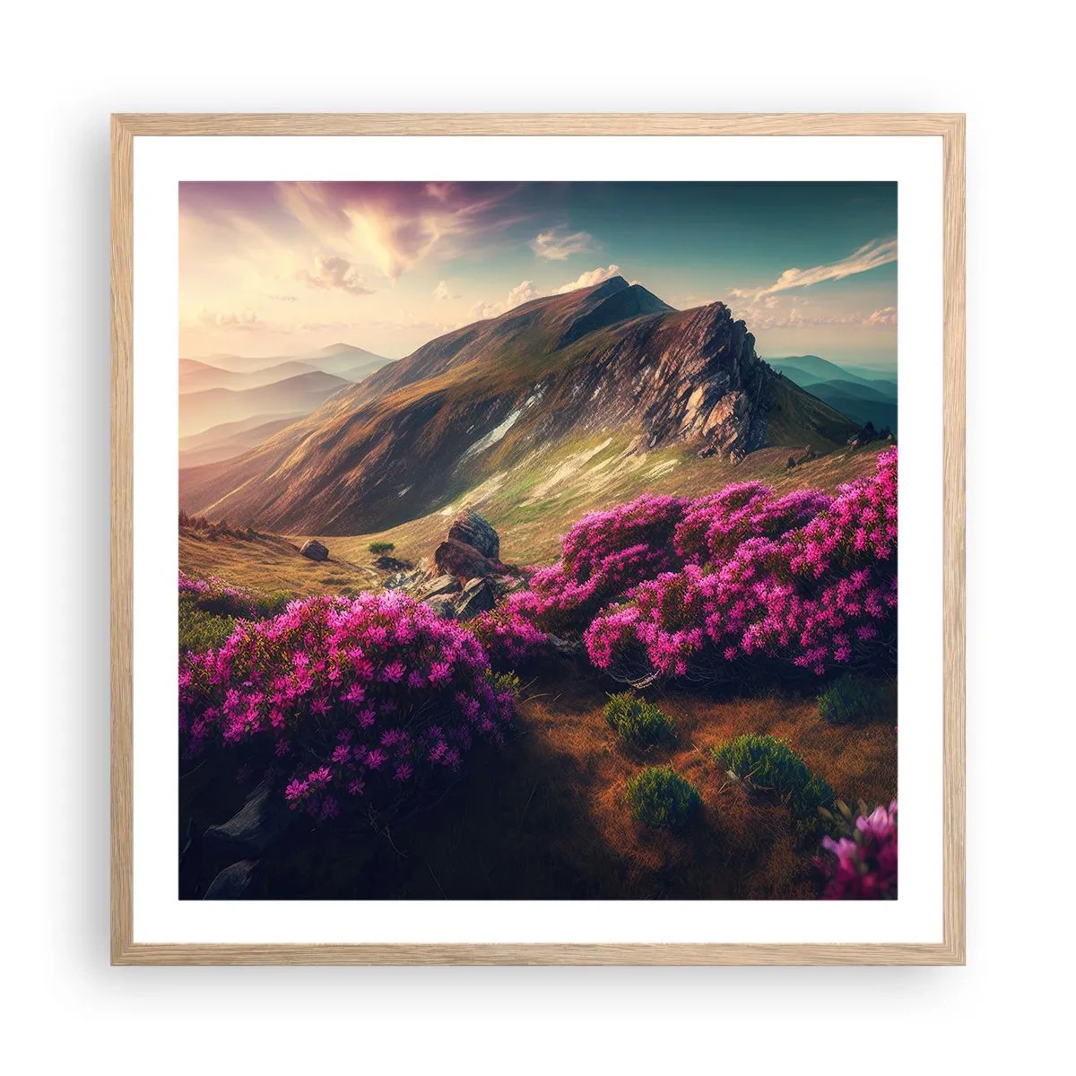 Een poster in een licht eiken lijst - Zomer in de bergen - 60x60 cm