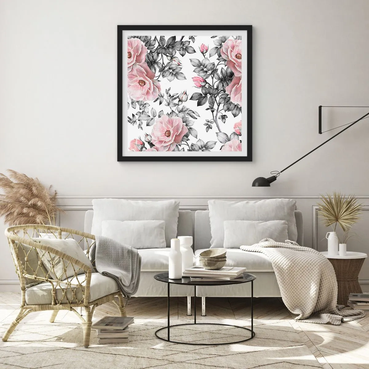 Poster in een zwarte lijst - Verdwalen in de bloemen van de rozen - 30x30 cm
