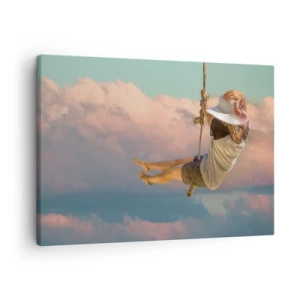 Schilderen op canvas - Vrouw op een schommel tussen roze wolken - 70x50cm - Plezier in de wolken - Moderne wanddecoratie voor woonkamer en slaapkamer ARTTOR
