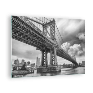 Schilderen op glas - Een hangbrug in een monochrome setting - 70x50cm - Naar het hart van de stad - Moderne wanddecoratie voor woonkamer en slaapkamer ARTTOR
