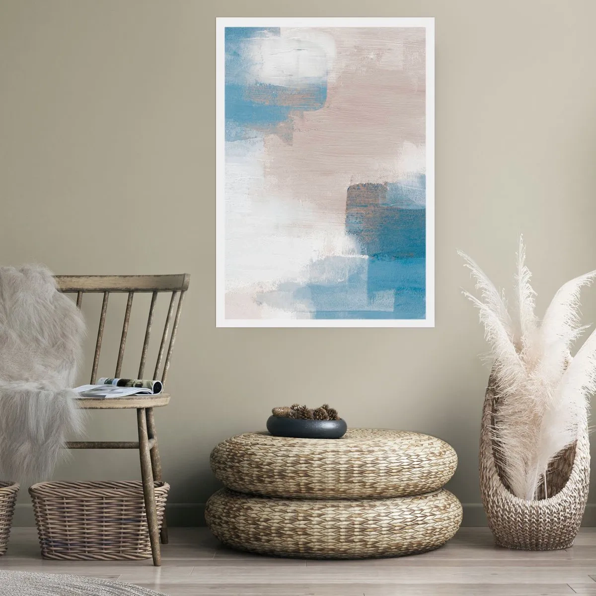 Poster - Roze abstractie achter een blauw gordijn - 40x50 cm