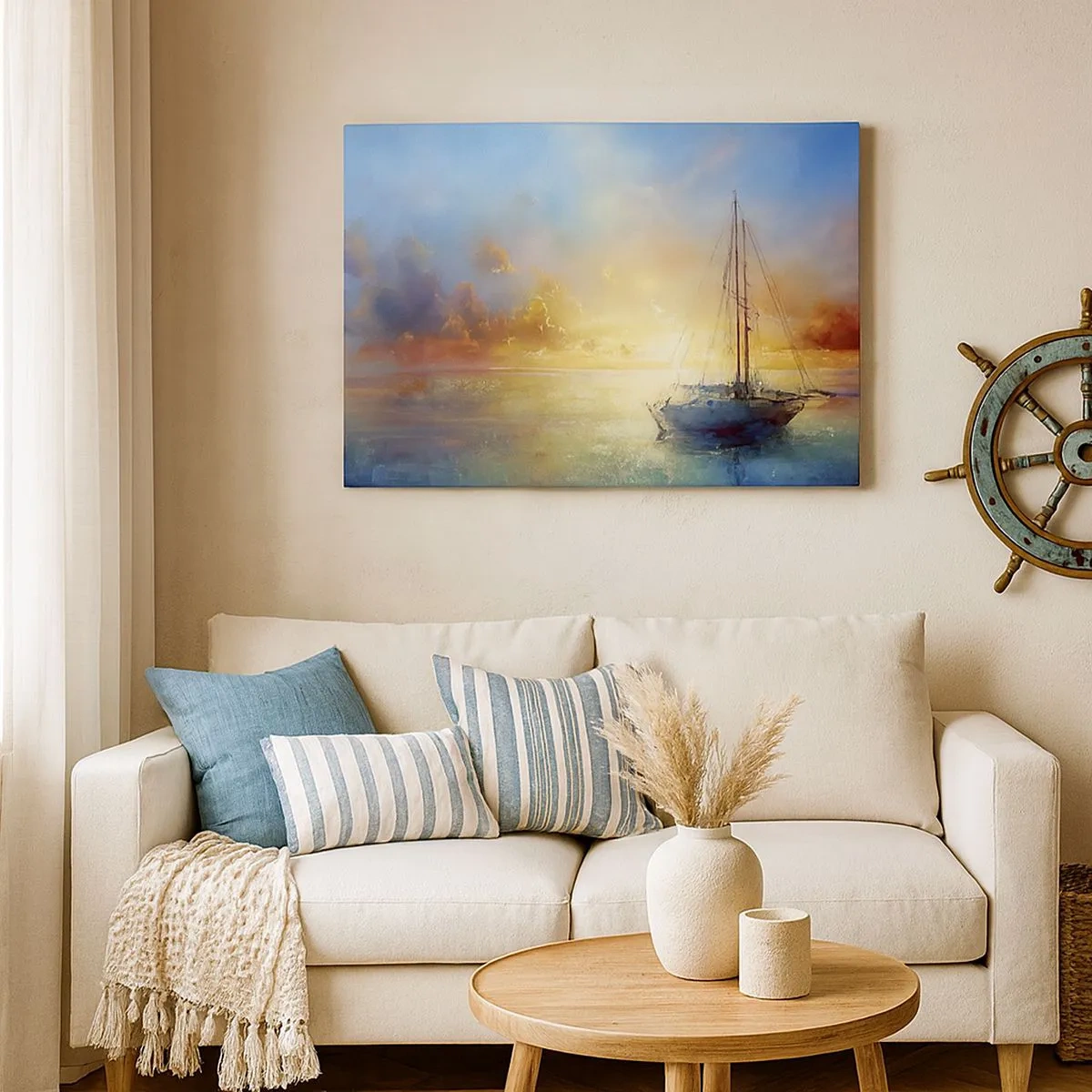 Schilderen op canvas - Een jacht op een kalme zee bij zonsondergang - 70x50cm - In een gouden baai - Moderne wanddecoratie voor woonkamer en slaapkamer ARTTOR