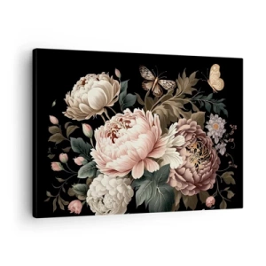 Schilderen op canvas - Een boeket roze bloemen en vlinders op een zwarte achtergrond - 70x50cm - In barokstijl - Moderne wanddecoratie voor woonkamer en slaapkamer ARTTOR