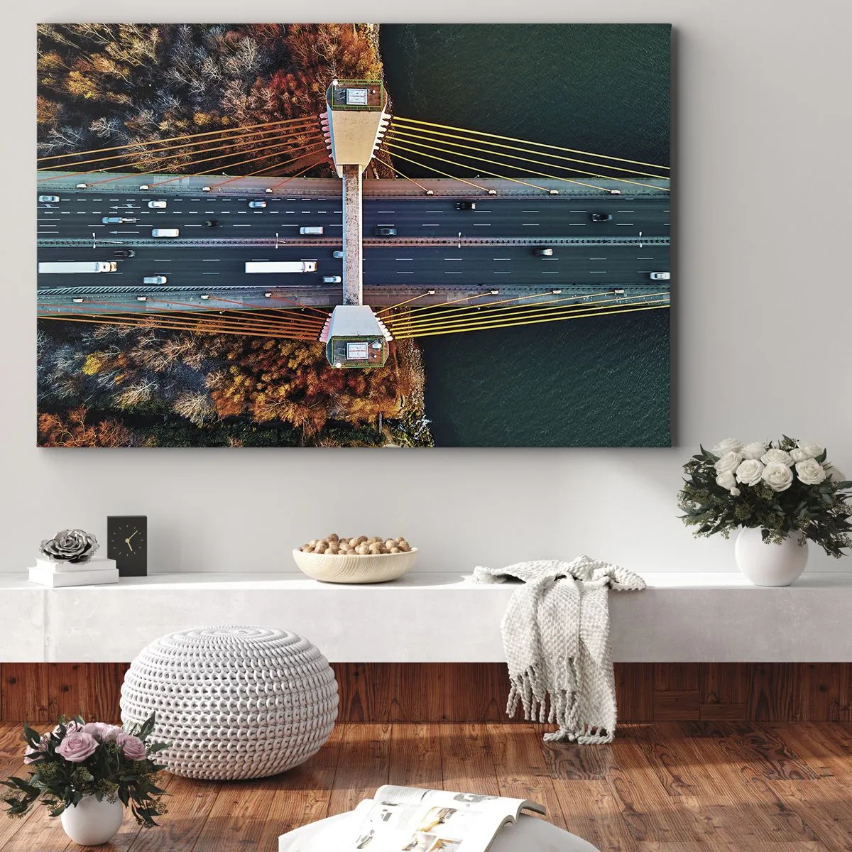 Schilderen op canvas - Luchtfoto van de brug over de rivier en het herfstlandschap - 70x50cm - BEYOND the waters, beyond the forest - Moderne wanddecoratie voor woonkamer en slaapkamer ARTTOR