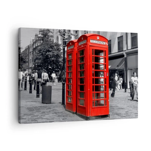 Schilderen op canvas - Rode telefooncellen tegen een zwart-witte stedelijke achtergrond. - 70x50cm - Rode telefoonhokjes - Moderne wanddecoratie voor woonkamer en slaapkamer ARTTOR