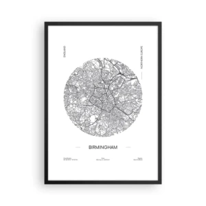 Poster in een zwarte lijst - Een minimalistische zwart-witkaart van Birmingham - 50x70cm - Anatomie van Birmingham - Moderne wanddecoratie voor woonkamer en slaapkamer ARTTOR