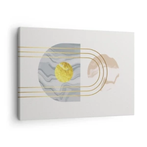 Schilderen op canvas - Abstracte compositie met cirkels en gouden lijnen op een lichte achtergrond. - 70x50cm - Helderheid en schittering - Moderne wanddecoratie voor woonkamer en slaapkamer ARTTOR