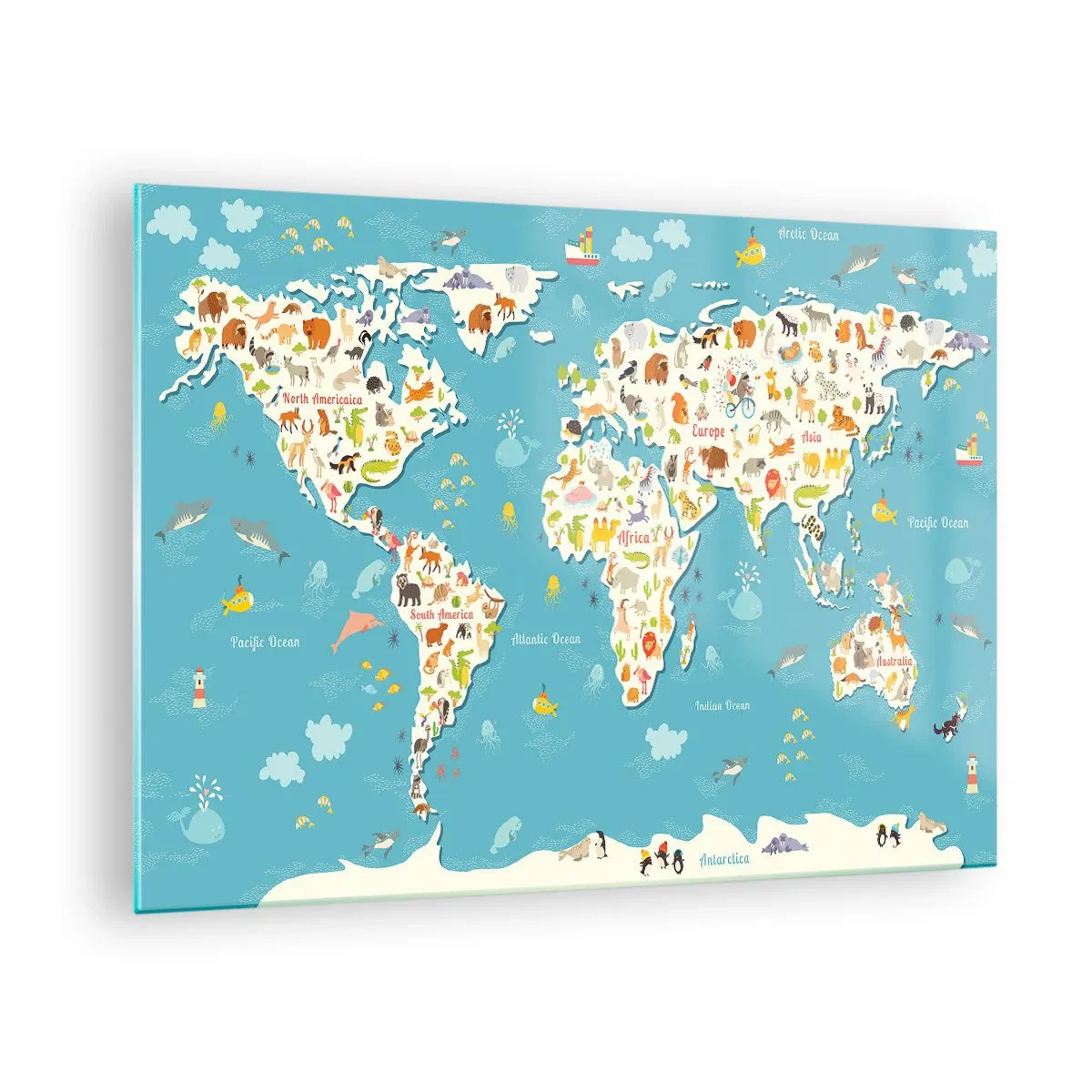 Schilderen op glas - Kleurrijke wereldkaart met dieren- en oceaanmotieven - 70x50cm - We houden van de hele wereld - Moderne wanddecoratie voor woonkamer en slaapkamer ARTTOR