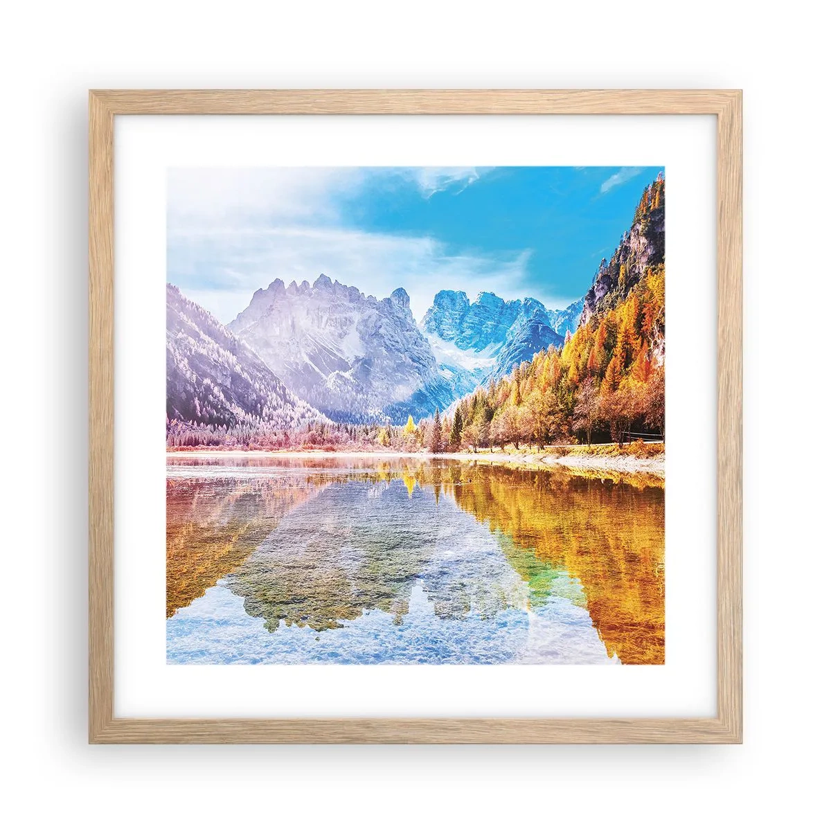 Een poster in een licht eiken lijst - En het is al herfst in de bergen - 40x40 cm
