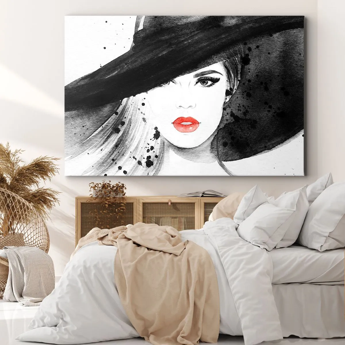 Schilderen op canvas - Portret van een vrouw met een hoed en rode lippen - 70x50cm - Vrouw in het zwart - Moderne wanddecoratie voor woonkamer en slaapkamer ARTTOR