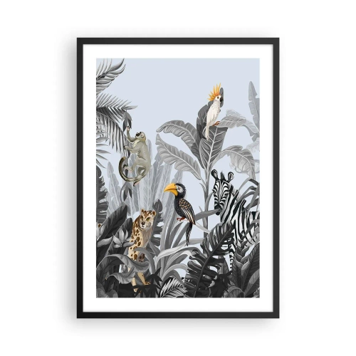 Poster in een zwarte lijst - Kleurrijke tropische dieren tussen de junglebladeren - 50x70cm - Afrikaans sprookje - Moderne wanddecoratie voor woonkamer en slaapkamer ARTTOR