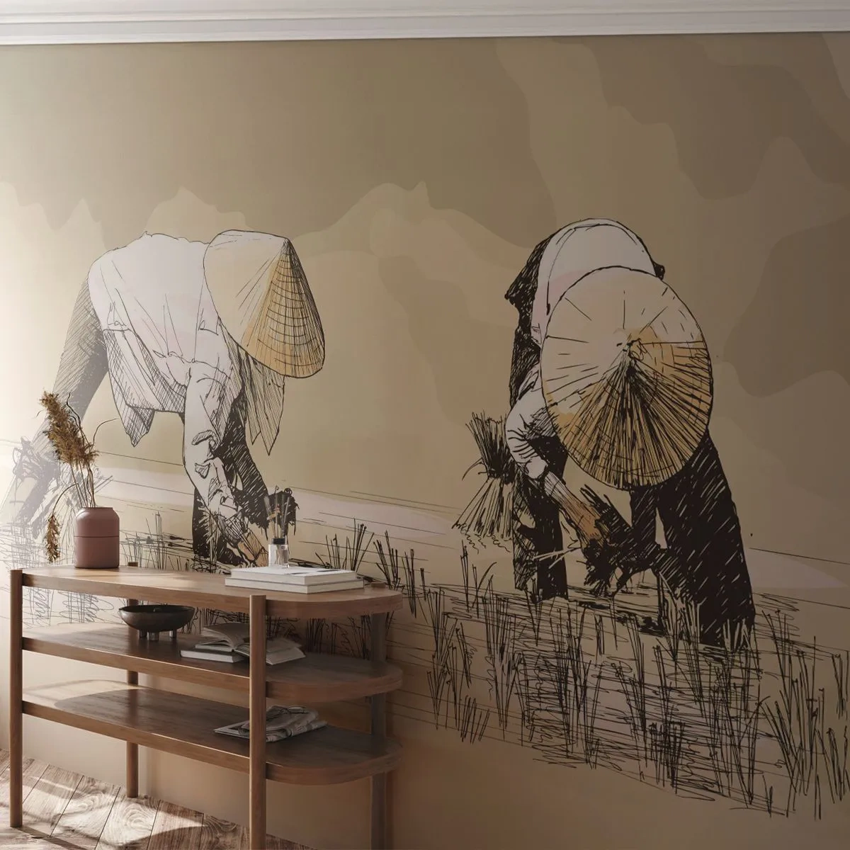 Fotobehang Premium Canvas - Succesvolle oogst - Azië, Rijstplantage, Rijstveld - 450x315 cm