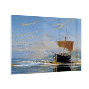 Schilderen op glas - Een schip met een zeil aan de kust in een schilderachtige stijl - 70x50cm - Water, bodem, lucht - Moderne wanddecoratie voor woonkamer en slaapkamer ARTTOR