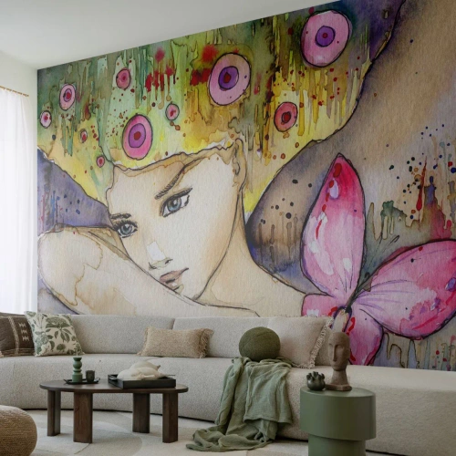 Zelfklevend Fotobehang Deluxe Sticker - Vlinderprinses - Abstractie, Vrouw, aquarellen - 350x256 cm