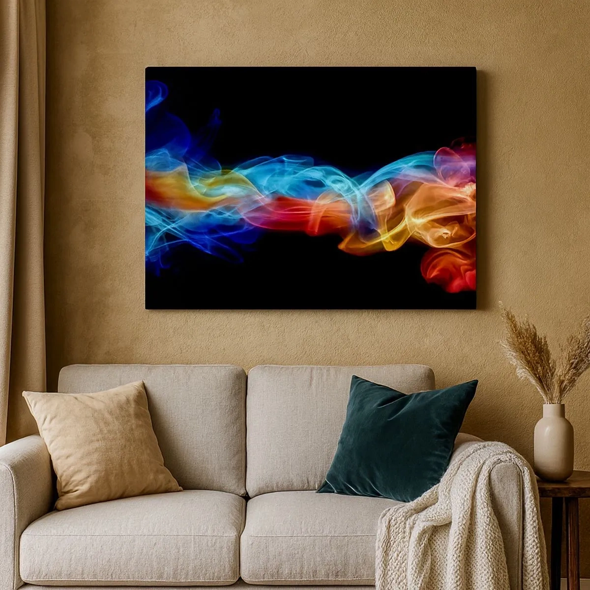 Schilderen op canvas - Kleurrijke rook op een zwarte achtergrond - 70x50cm - Regenboogdans van nevels - Moderne wanddecoratie voor woonkamer en slaapkamer ARTTOR