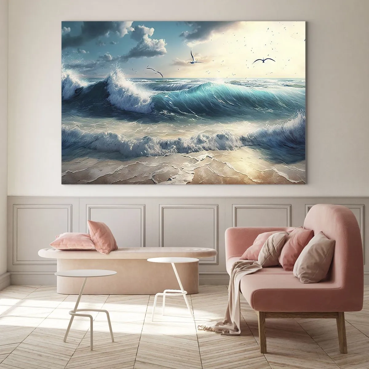 Schilderen op glas - Golven die in het ochtendlicht op de kust beuken - 70x50cm - Ritselt alleen voor jou - Moderne wanddecoratie voor woonkamer en slaapkamer ARTTOR