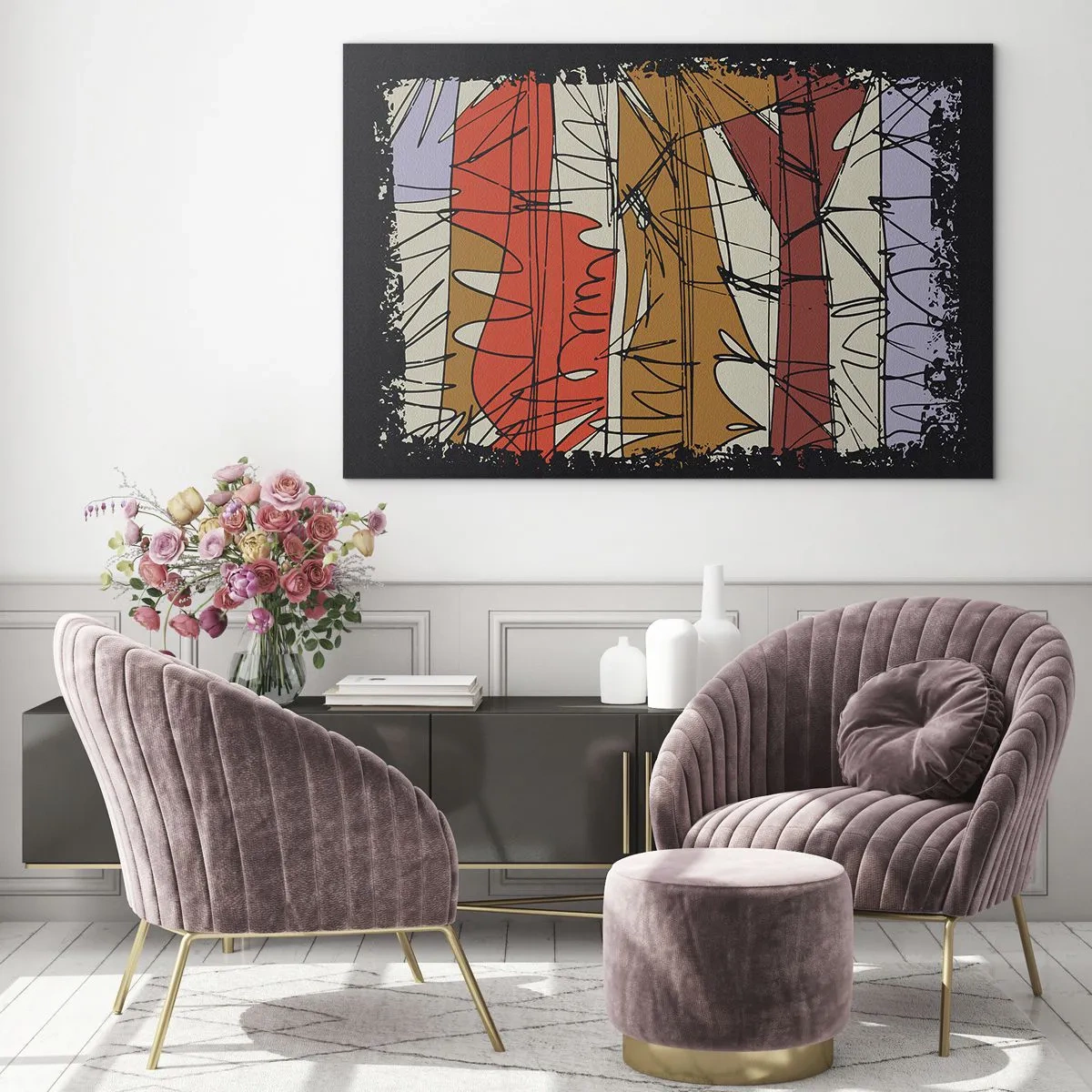 Schilderen op glas - Grafische abstractie met gekleurde strepen en zwarte lijnen - 70x50cm - Spontane compositie - Moderne wanddecoratie voor woonkamer en slaapkamer ARTTOR