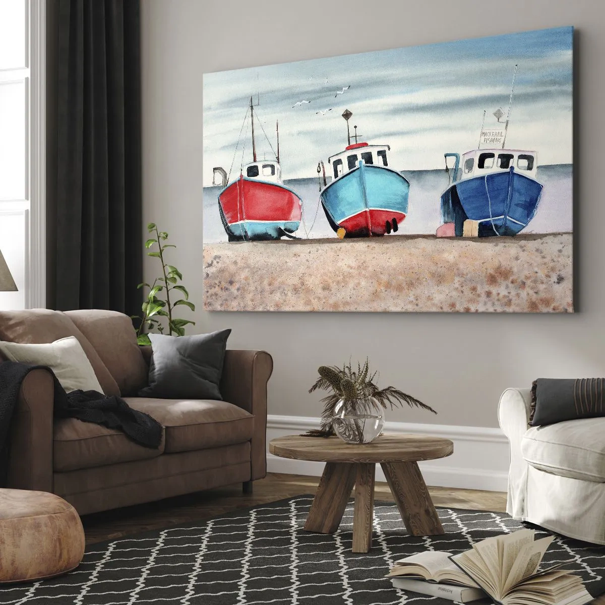 Schilderen op canvas - Kleurrijke vissersboten aan de kust in een zeegezicht - 70x50cm - Klaar om te vissen - Moderne wanddecoratie voor woonkamer en slaapkamer ARTTOR