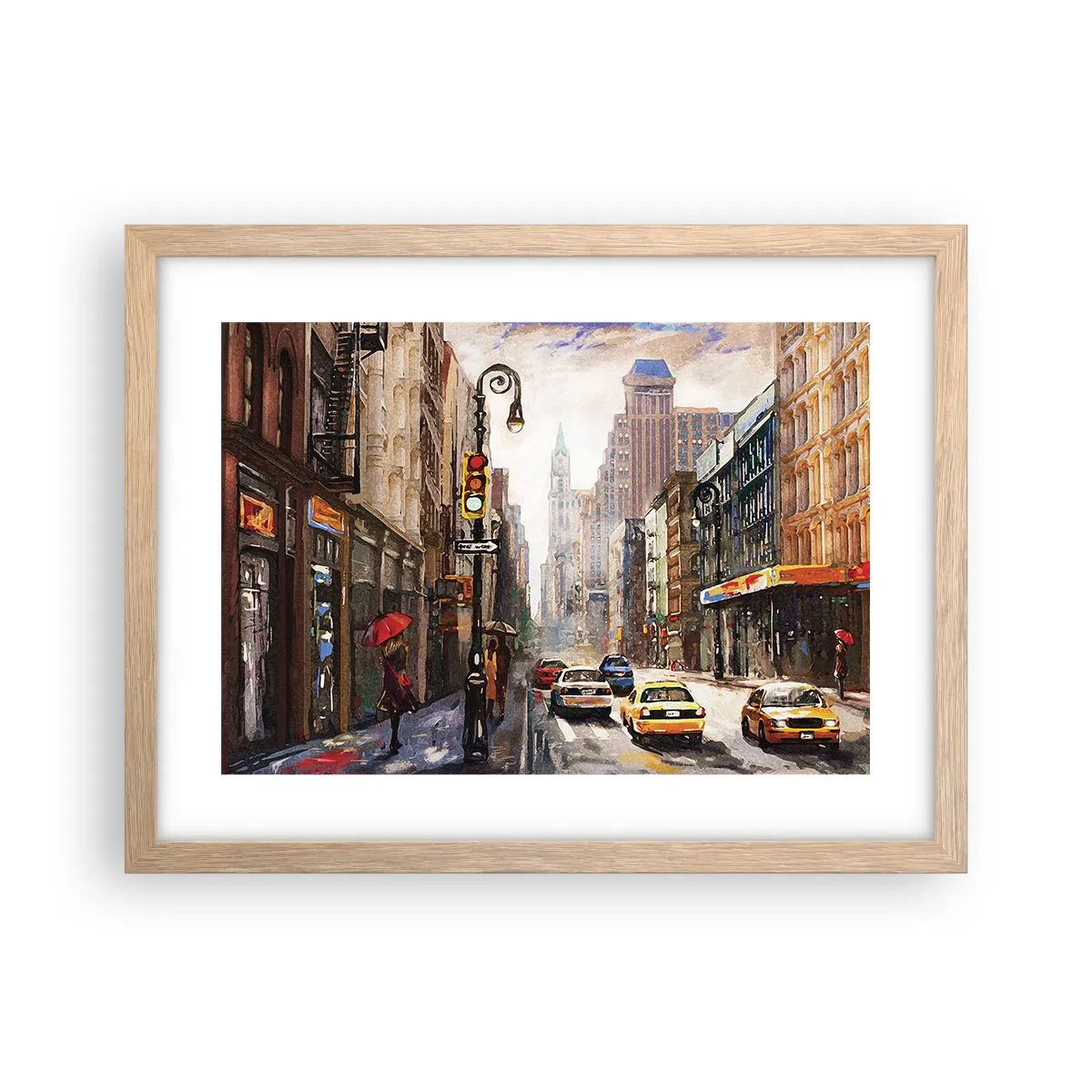 Een poster in een licht eiken lijst - New York - ook kleurrijk in de regen - 40x30 cm