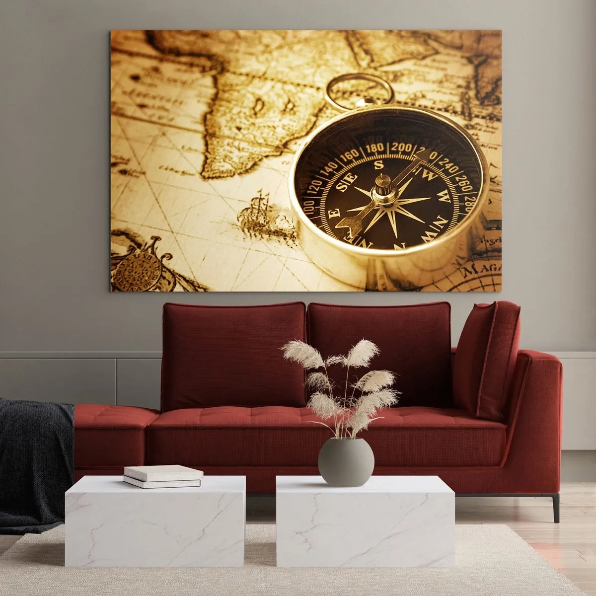 Schilderen op glas - Een gouden kompas op een oude kaartachtergrond - 70x50cm - Oost of west? - Moderne wanddecoratie voor woonkamer en slaapkamer ARTTOR