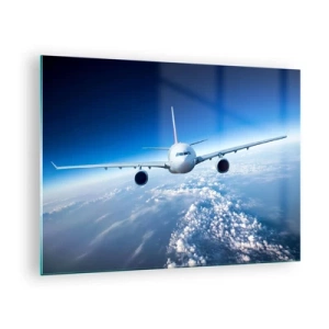Schilderen op glas - Een passagiersvliegtuig tegen een blauwe lucht en wolken - 70x50cm - Ik vlieg omdat ik dat wil - Moderne wanddecoratie voor woonkamer en slaapkamer ARTTOR