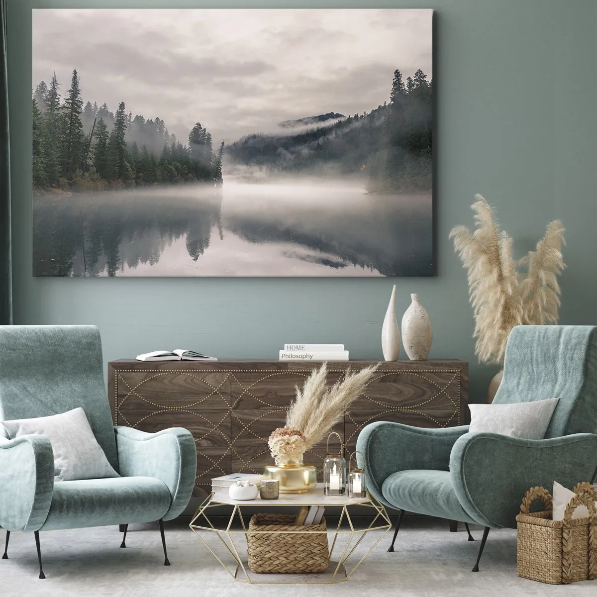 Schilderen op canvas - Een mistig bos weerspiegeld in een kalm meer - 70x50cm - In reflectie, in de mist - Moderne wanddecoratie voor woonkamer en slaapkamer ARTTOR