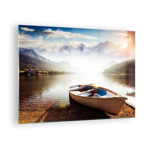 Schilderen op glas - Een boot op een meer omringd door bergen bij zonsopgang - 70x50cm - Bij het grote en heldere water - Moderne wanddecoratie voor woonkamer en slaapkamer ARTTOR