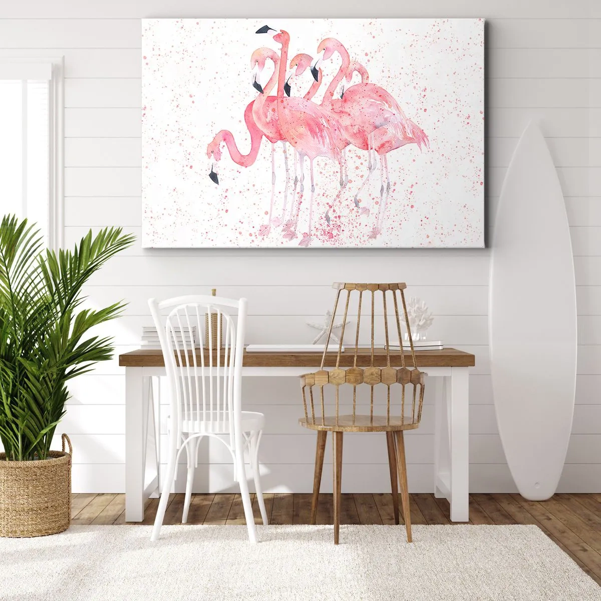 Schilderen op canvas - Roze flamingo's in een artistieke aquarelstijl - 70x50cm - Roze ensemble - Moderne wanddecoratie voor woonkamer en slaapkamer ARTTOR