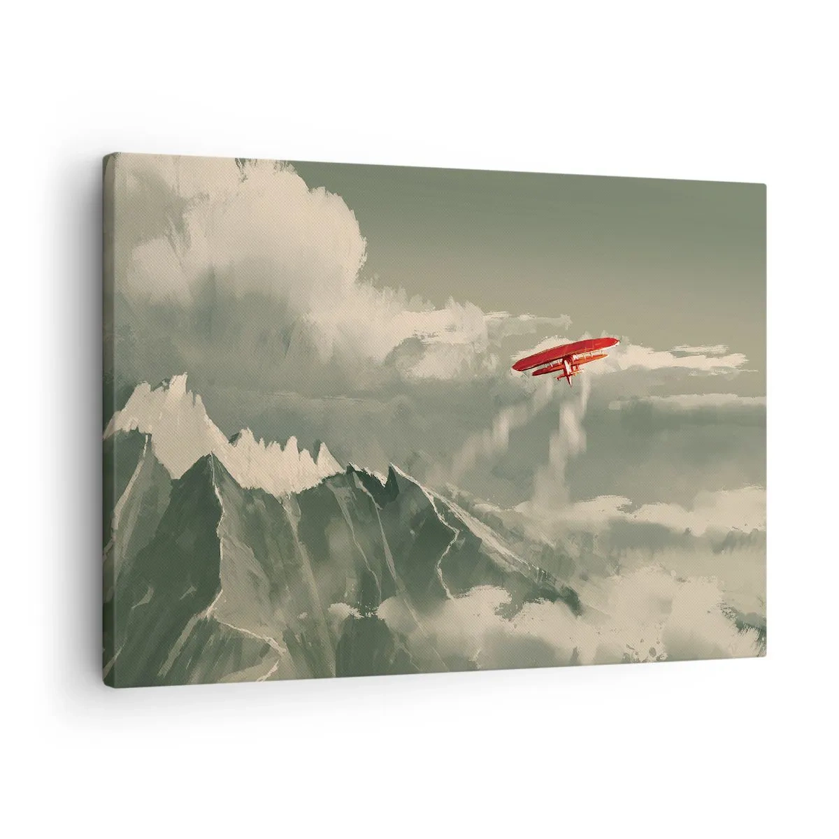 Schilderen op canvas - Rood vliegtuig boven met sneeuw bedekte bergen - 70x50cm - Onverschrokken pionier - Moderne wanddecoratie voor woonkamer en slaapkamer ARTTOR
