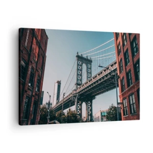Schilderen op canvas - Een brug tussen gebouwen in een stedelijk landschap - 70x50cm - Over de golven van de stad - Moderne wanddecoratie voor woonkamer en slaapkamer ARTTOR