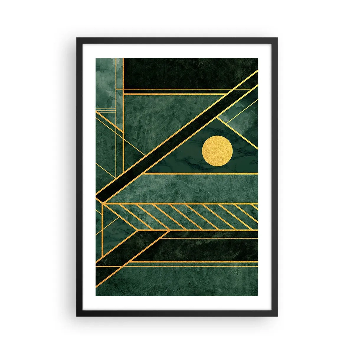 Poster in een zwarte lijst - Geometrische abstractie in groen met gouden accenten - 50x70cm - Dynamiek van goud en azuur - Moderne wanddecoratie voor woonkamer en slaapkamer ARTTOR