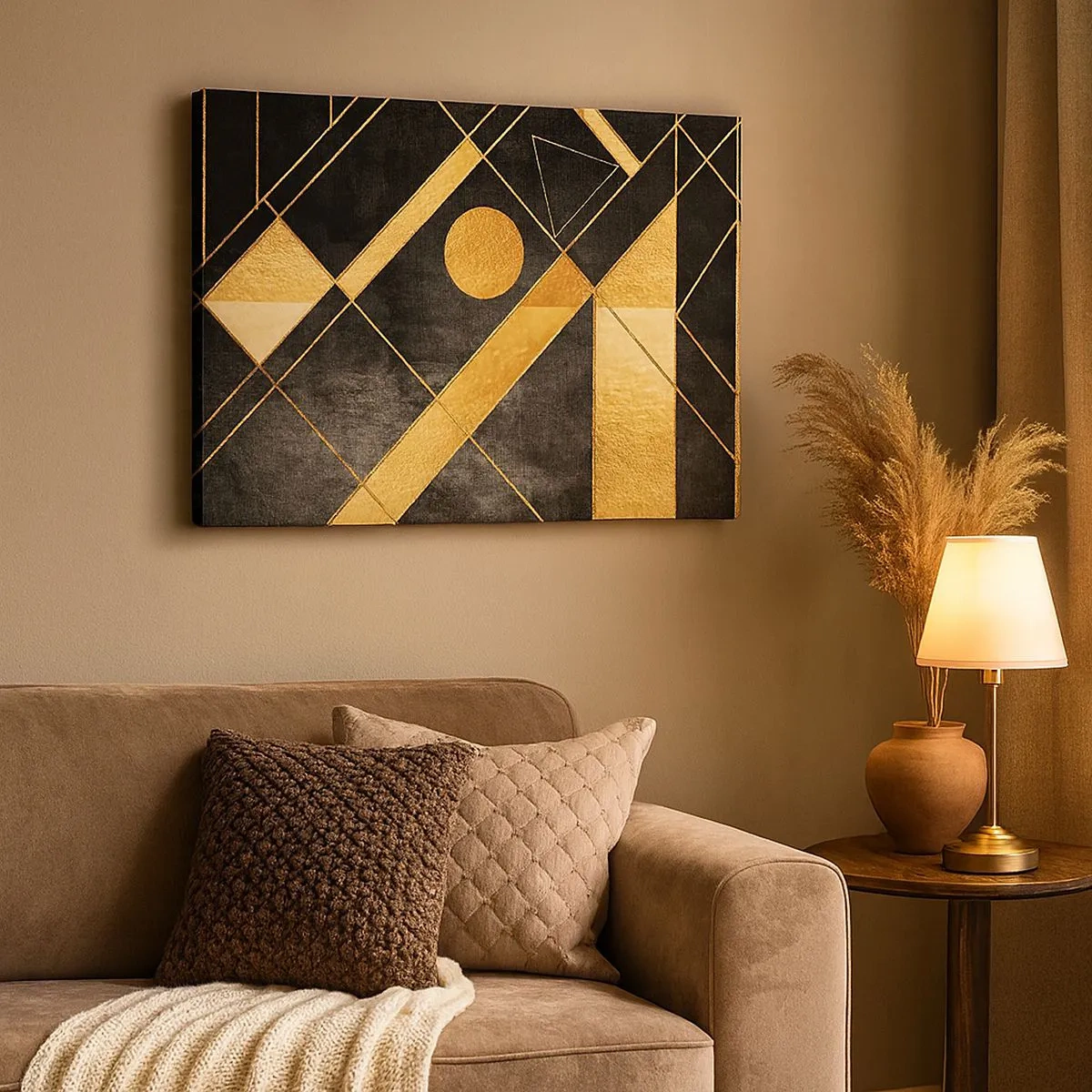 Schilderen op canvas - Geometrische vormen in goud- en zwarttinten - 70x50cm - De zon van de woestijn - Moderne wanddecoratie voor woonkamer en slaapkamer ARTTOR