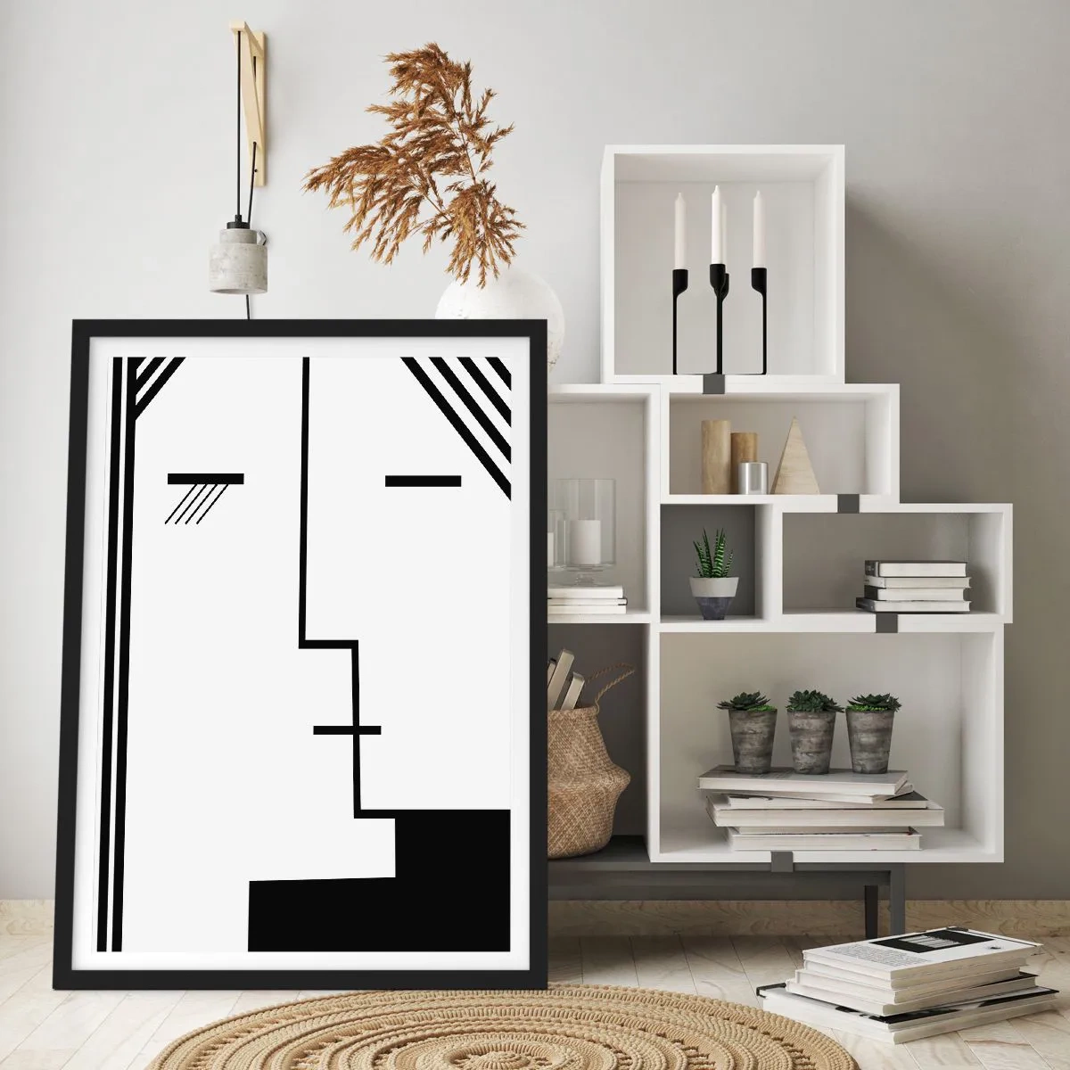 Poster in een zwarte lijst - Een minimalistisch, abstract gezicht in zwart-witstijl. - 50x70cm - Alleen maar een kus - Moderne wanddecoratie voor woonkamer en slaapkamer ARTTOR
