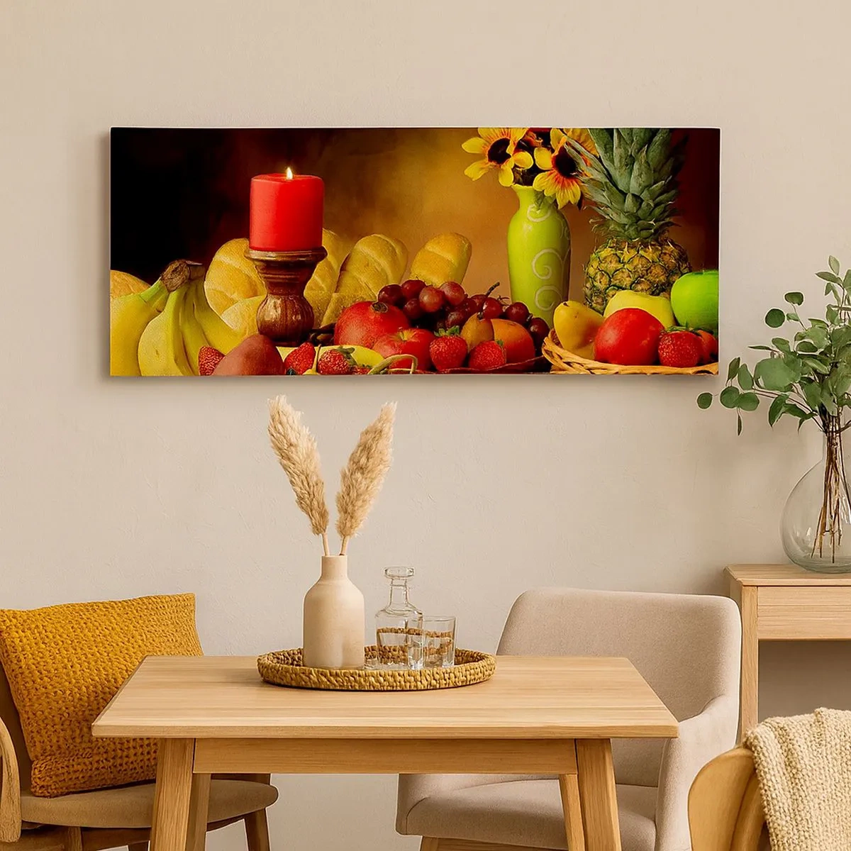 Schilderen op canvas - Stilleven met brood en fruit - 100x40 cm