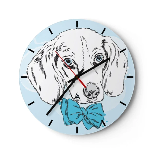 Wandklok - Klok - Artistieke tekening van een hond met een blauwe vlinderdas op een lichte achtergrond - 30x30cm - Hond elegantie - Moderne wanddecoratie voor woonkamer, keuken en slaapkamer ARTTOR