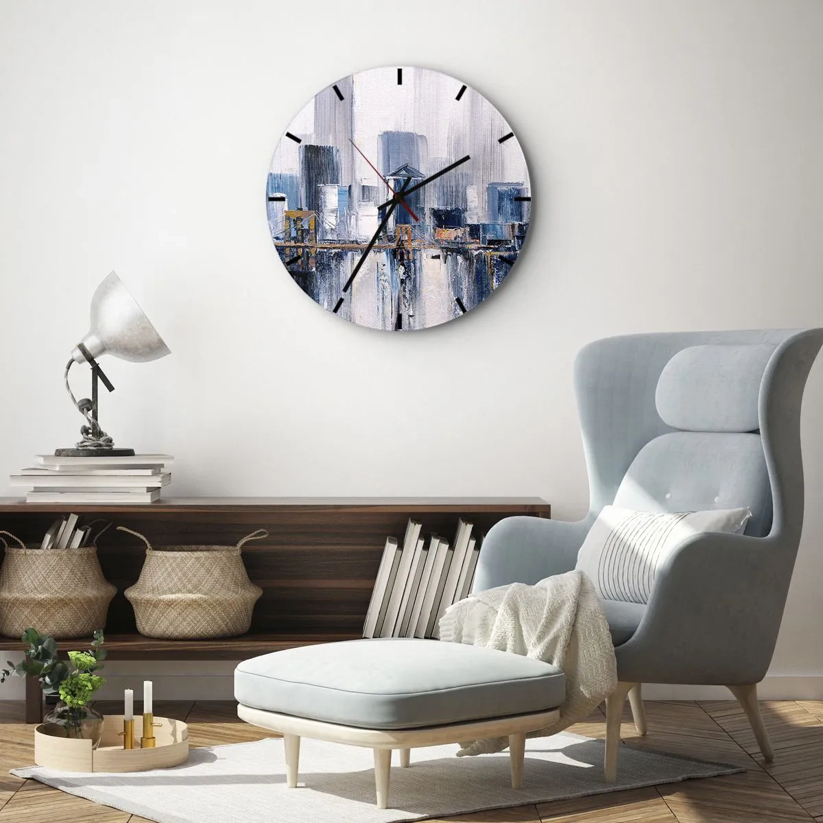 Wandklok - Klok - Impressionistisch panorama van de stad met wolkenkrabbers en een brug - 30x30cm - New Yorkse impressie - Moderne wanddecoratie voor woonkamer, keuken en slaapkamer ARTTOR