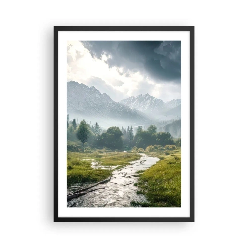 Poster in een zwarte lijst - Een bergvallei met een rivier en majestueuze bergen op de achtergrond - 50x70cm - Daarheen en terug - Moderne wanddecoratie voor woonkamer en slaapkamer ARTTOR