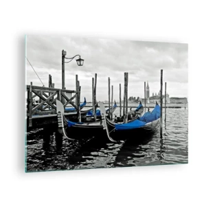 Schilderen op glas - Blauwe gondels tegen de achtergrond van het Venetiaanse landschap - 70x50cm - Peinzend Venetië - Moderne wanddecoratie voor woonkamer en slaapkamer ARTTOR