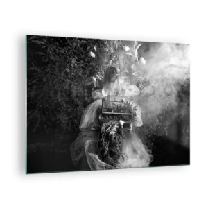 Schilderen op glas - Vrouw in een tule kooijurk en plantenkroon in zwart-wit - 70x50cm - Moeder zelf - Natuur - Moderne wanddecoratie voor woonkamer en slaapkamer ARTTOR